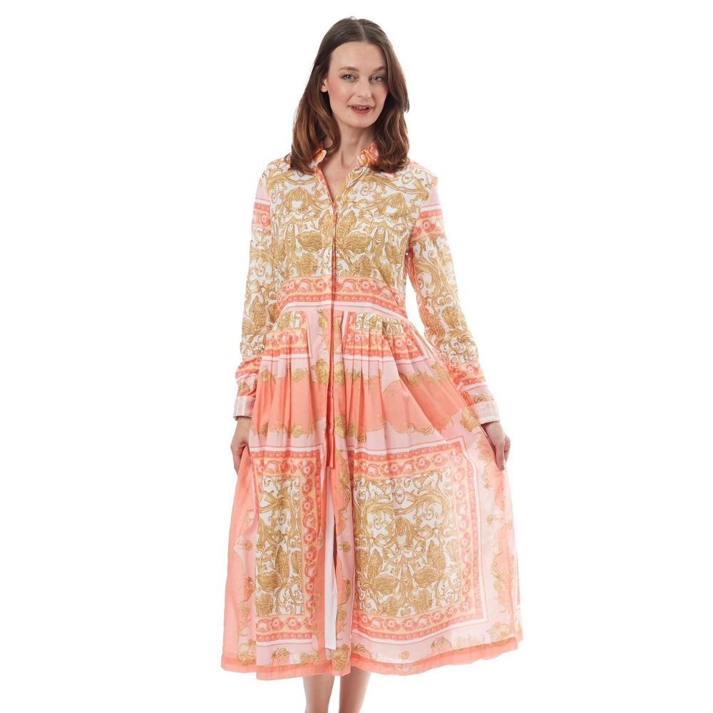 Dizzy Lizzie Tea Length Button Front Scroll Print Cotton Midi‎ Shirtdress Small